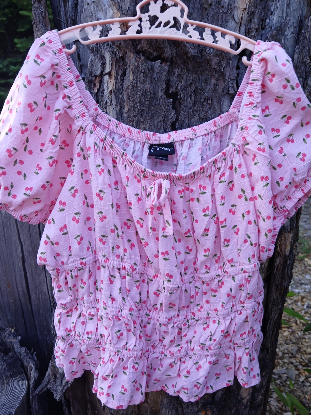 Girls Pink Cherry Print Smocked Peasant Top Size 10/12